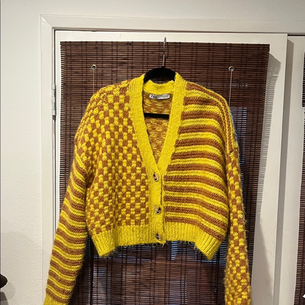 Zara Vibrant Yellow and Brown Checkered Cardigan